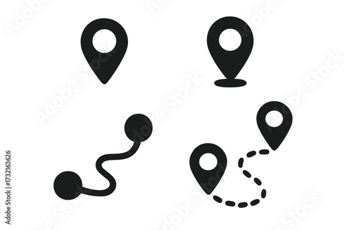 Location route icon set. Map pin, marker, destination, and path. Vector silhouette symbols for navigation, GPS, and travel concepts. Isolated graphic elements collection.