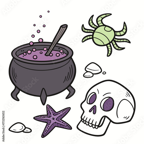 A witchs cauldron with bubbling purple potion, a crab, a skull, and a starfish a magical and spooky halloween illustration