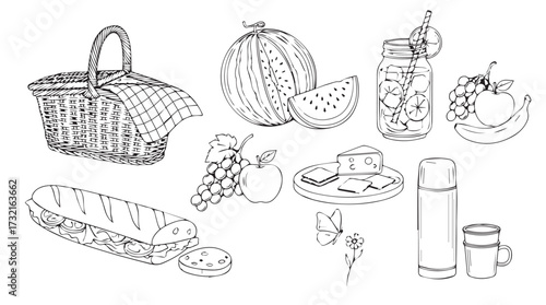 Hand drawn picnic elements featuring basket bread fruit jars and thermos for outdoor dining ideas vector