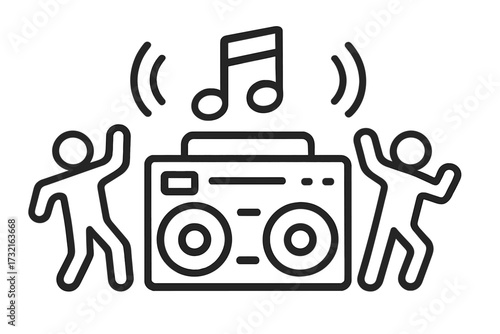 Party people dancing to loud music from a boombox. Fun celebration and festival concept. Minimalist line art vector icon. Audio entertainment and sound symbol design.