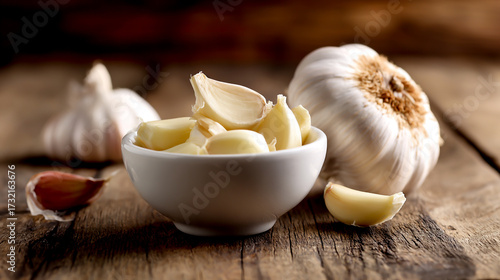 Slices of garlic in a white bowl on a wooden table, with  clove