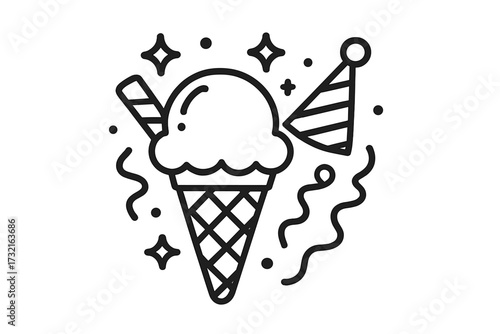 Ice cream cone party icon. Celebration line art vector. Birthday dessert symbol with party hat and confetti. Fun summer treat illustration. Happy food concept for festive design.