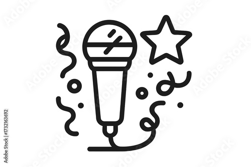 Karaoke night party concept. Microphone vector icon for singing, music, and sound. Live performance or show symbol. Linear illustration with star and confetti celebration.