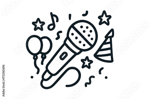 Karaoke party concept. Microphone for singing songs at a concert, show or event. Festive doodle with balloons, music notes and stars. Vector line art icon for performance.