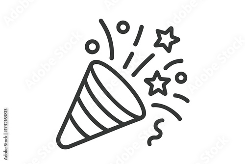 Party popper icon with confetti explosion. Simple line art for celebration, birthday, or New Year's. Vector illustration of a cracker. Surprise, success, and fun concept.
