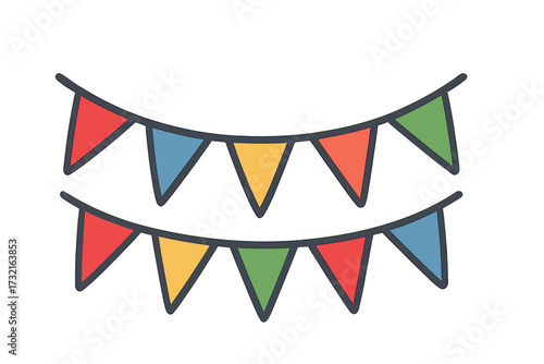 Colorful party flags vector icon. Bunting banner for birthday celebration. Festive garland decoration for holiday, festival, carnival, fair. Pennant string graphic element. Flat cartoon style.
