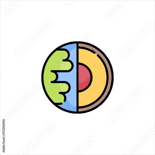 Earth layers displaying core, mantle, and crust in crosssection representing geological structure and planetary science with educational and informative theme.