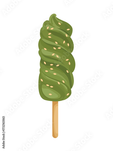 Matcha green tea ice cream on stick. Flat vector clipart illustration with isolated background.