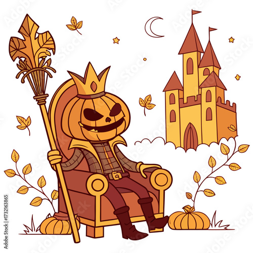 The pumpkin king sits on his throne in front of his castle, he is wearing a crown and holding a scepter, ready to rule the halloween kingdom