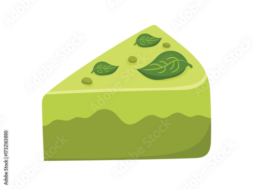 Piece of matcha cake with green tea flavor. Flat vector clipart illustration with isolated background.