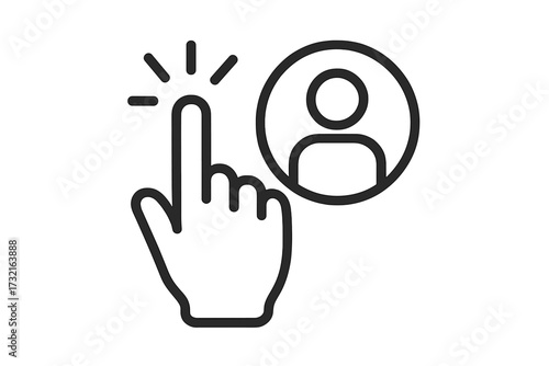 Click on user profile icon. Hand pointer finger tapping a person symbol. Concept of user registration, login, select account, choose member, or access personal data.