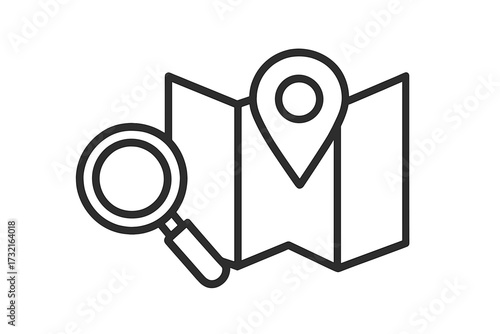 Location search icon. Map with pointer and magnifying glass. Find place, gps navigation, destination discovery. Geolocation, cartography, travel route planning vector symbol.