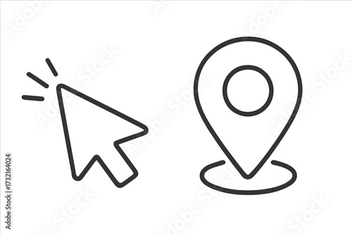 Vector icon set with a click cursor and a map pin. Linear pointer and location marker symbols for web, GPS, navigation, and destination concepts. Outline illustration.