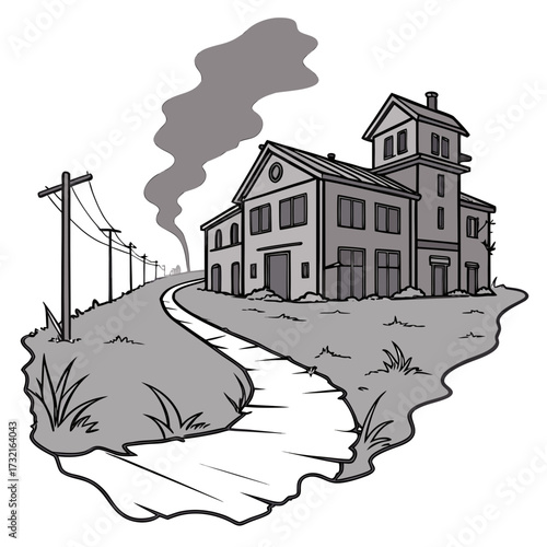 A factory with smoke billowing from its chimney sits on a desolate landscape with a dirt road and telephone poles