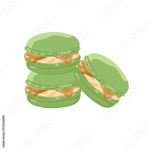 Japanese macarons with matcha white chocolate and caramel. Flat vector clipart illustration with isolated background.