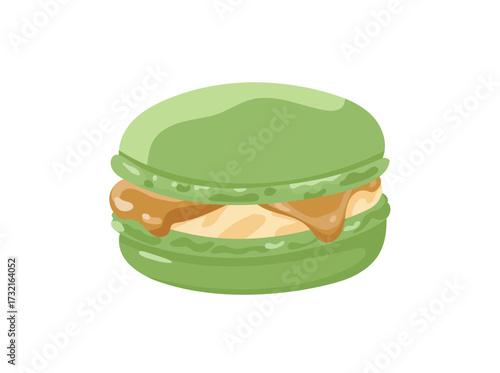 Japanese macarons with matcha white chocolate and caramel. Flat vector clipart illustration with isolated background.