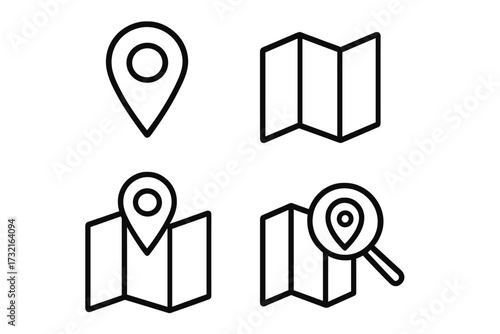 Map pointer and location pin icon set. Linear vector graphics for navigation and travel. GPS destination marker, folded map, and address search with a magnifying glass symbol.