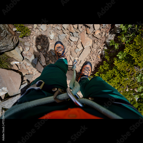Hiker's Perspective on Steep Rocky Ascent with Climbing Gear