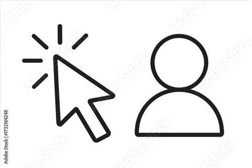 Click on user icon concept. Pointer arrow selecting a person profile. Vector for HR, recruitment, customer targeting. Choose employee or candidate. Lead generation symbol.