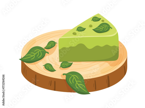 Piece of matcha cake with green tea flavor. Flat vector clipart illustration with isolated background.