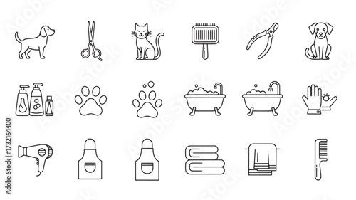 Set of pet grooming icons simple line art vector illustration for pet care services isolated on white background