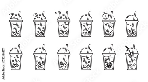 Hand drawn sketch set of bubble tea drinks with straws and lids for cafe and beverage design vector