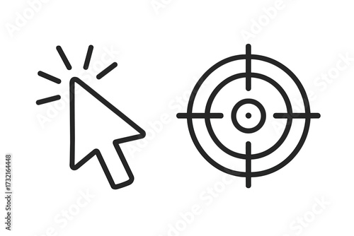 Clicking cursor pointer on a target. Concept for digital marketing, ppc, seo, and ctr. Vector line icons for goal setting, accuracy, focus, objective, and business strategy.