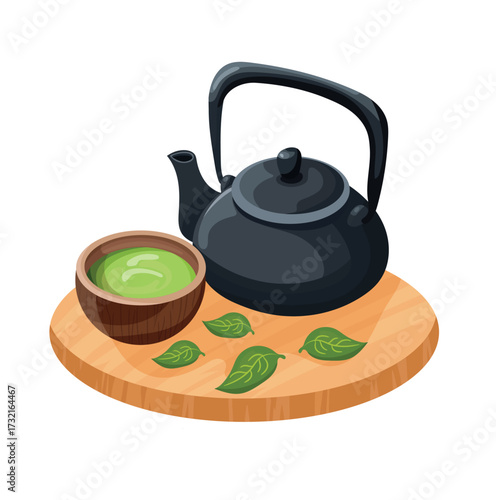 Japanese cast iron teapot and green tea in a wooden cup. Flat vector clipart illustration with isolated background.