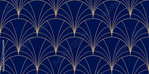 Wallpaper Mural Luxury art deco seamless pattern. Dark blue and gold vector geometric linear texture with curved lines, fish scale ornament, peacock pattern, elegant grid.  Golden abstract background. Repeated design Torontodigital.ca