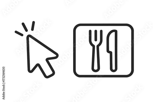 Online food ordering vector concept. Food delivery service. Click cursor pointer on restaurant sign with fork and knife. Choose a cafe, dinner menu. Booking a table. Takeaway.