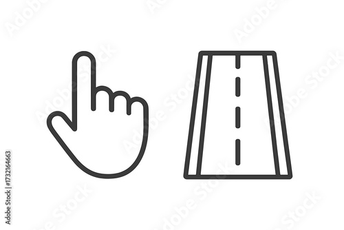 Hand cursor clicking road icon. Online travel booking and navigation concept. Select route, path, or destination. GPS journey symbol. Simple linear vector icon set for UI design.