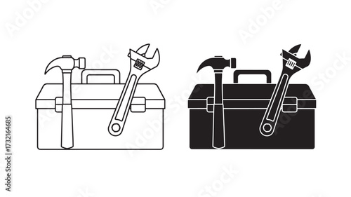 Toolbox with wrench and hammer simple line art vector illustration isolated on white background