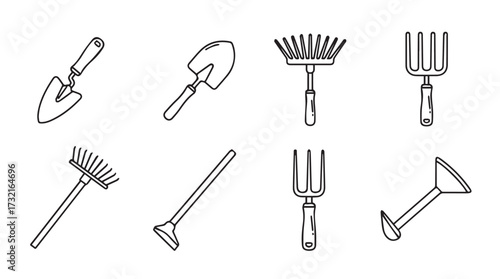 Collection of hand drawn garden tools for planting and cultivating soil essentials vector