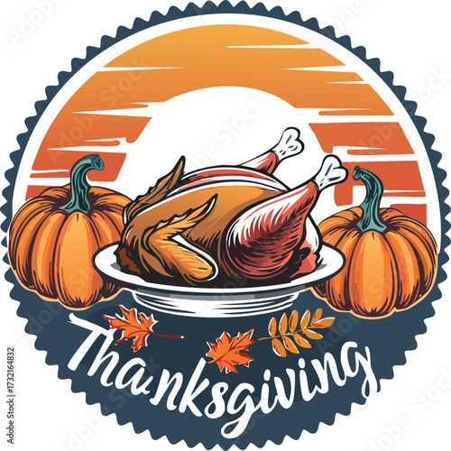 Thanksgiving Day Retro Illustration with Roasted Turkey, Pumpkins, and Festive Elements for Autumn Celebration