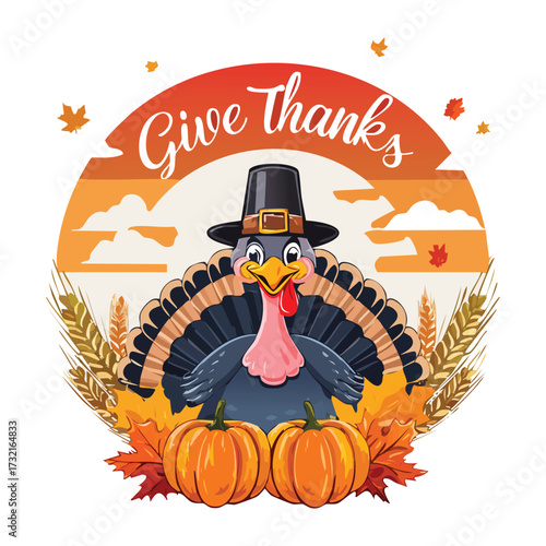 Festive Thanksgiving Day retro cartoon illustration of a happy turkey in a pilgrim hat with autumn pumpkins and wheat