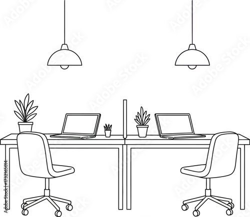 Concept of a contemporary shared office workspace with dual desks, laptops, ergonomic chairs, and plants, illustrating a modern and organized professional environment