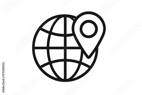 Global location icon with map pointer. Vector linear style, navigation marker, GPS pin, geolocation symbol, travel and digital map interface, transparent background.