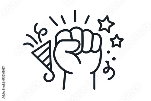 Powerful fist punch icon with celebration symbol, linear style vector cartoon illustration, dynamic hand gesture with stars and confetti, transparent background, energetic design