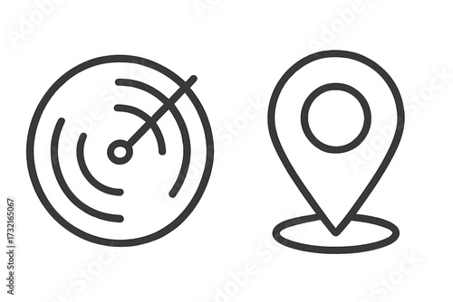 Radar scanning icon with location pin symbol, vector linear illustration set, navigation and tracking concept, transparent background, digital map pointer, GPS marker design