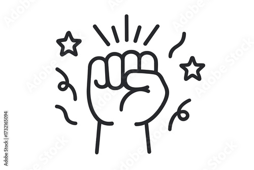 Powerful fist punch icon symbol with celebration stars and confetti, linear style vector cartoon illustration, strong hand gesture, victory and success concept