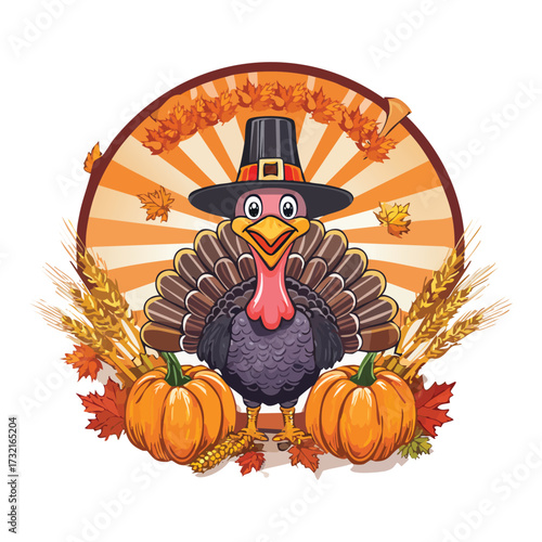A Cheerful Thanksgiving Turkey in a Pilgrim Hat Surrounded by Pumpkins and Wheat Stalks, Celebrating Autumn Harvest and Gratitude