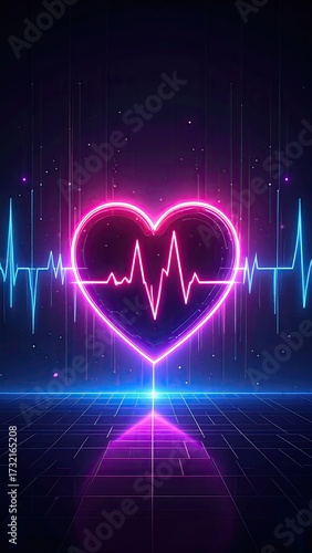 Abstract Neon Heartbeat on Dark Background with Glowing Lines and Dots Medical Futuristic Theme Health Concept Digital Art, 3D Render