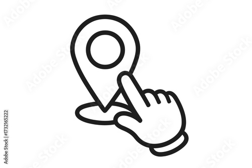 Search location icon map pin linear vector illustration, cartoon style hand pointer clicking on GPS marker with transparent background, navigation and place concept
