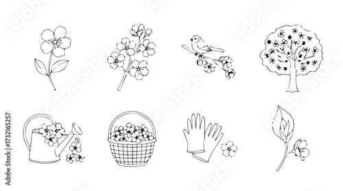 Whimsical hand drawn spring elements featuring flowers fruit trees and easter basket collections vector