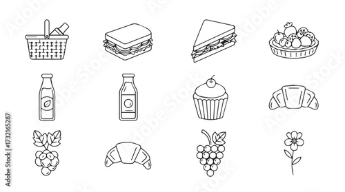Hand drawn picnic food items collection icons set food beverages and desserts vector