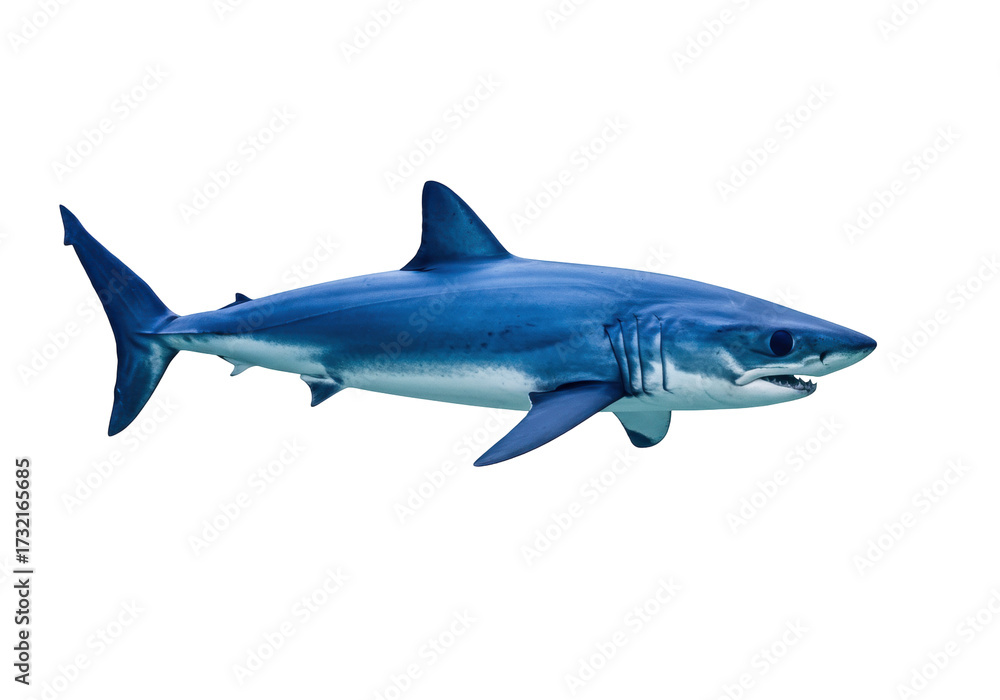 Fototapeta premium Blue shark PNG isolated on transparent background, predatory marine animal with sharp teeth and streamlined body for ocean life concepts