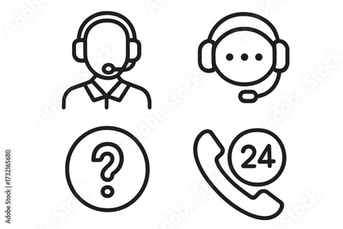Support icons set, linear style customer service symbols, headset with microphone, 24/7 call center communication, question mark help icon vector cartoon illustration, transparent background