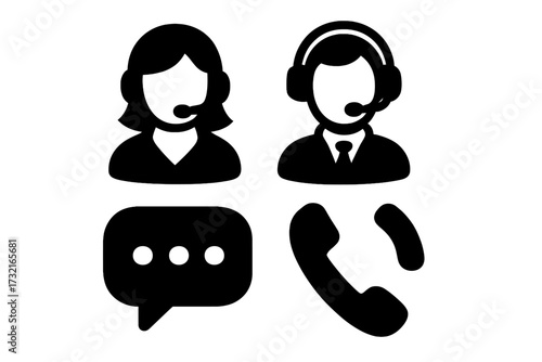 Support icons silhouette style communication vector set with male and female customer service representatives headset phone chat symbols transparent background