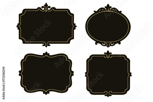 Elegant vintage black frames set with ornamental gold borders, decorative label design elements, classic elegant borders for invitations, tags, signage, and labels with transparent background
