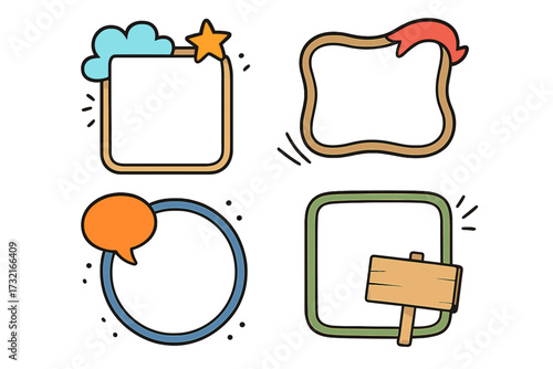 Colorful cartoon vector frames for text, set of four decorative speech, arrow, star, and signboard elements with transparent background, playful design for messages and notes